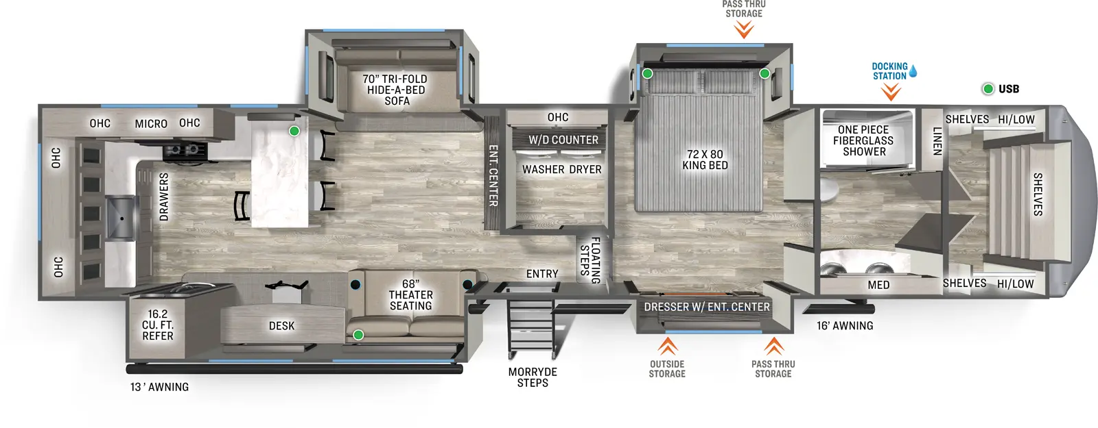 The Sierra Fifth Wheels 3800RK floorplan has one entry and four slide outs. Exterior features include: fiberglass exterior and 13' & 16' awning. Interiors features include: rear kitchen.